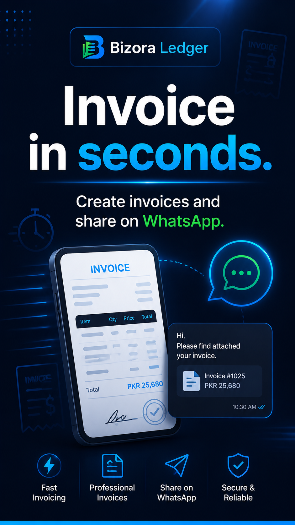 Invoice in Seconds + Share on WhatsApp | Bizora Ledger